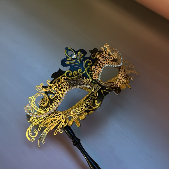 Masquerade Mask Hand Held Black Gold Silver - Picture 2 of 4